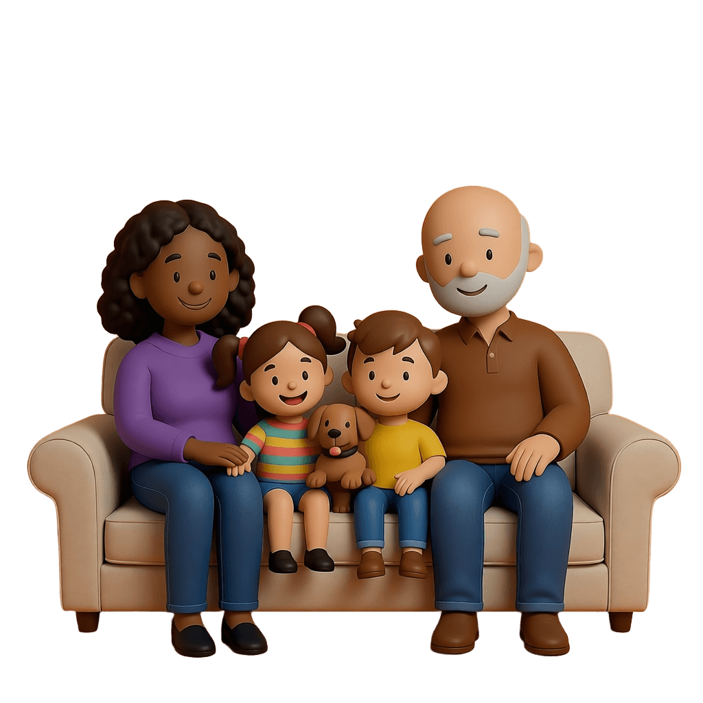 Una familia descansa en un sofá, ilustración de la cobertura para dependientes en el hogar.