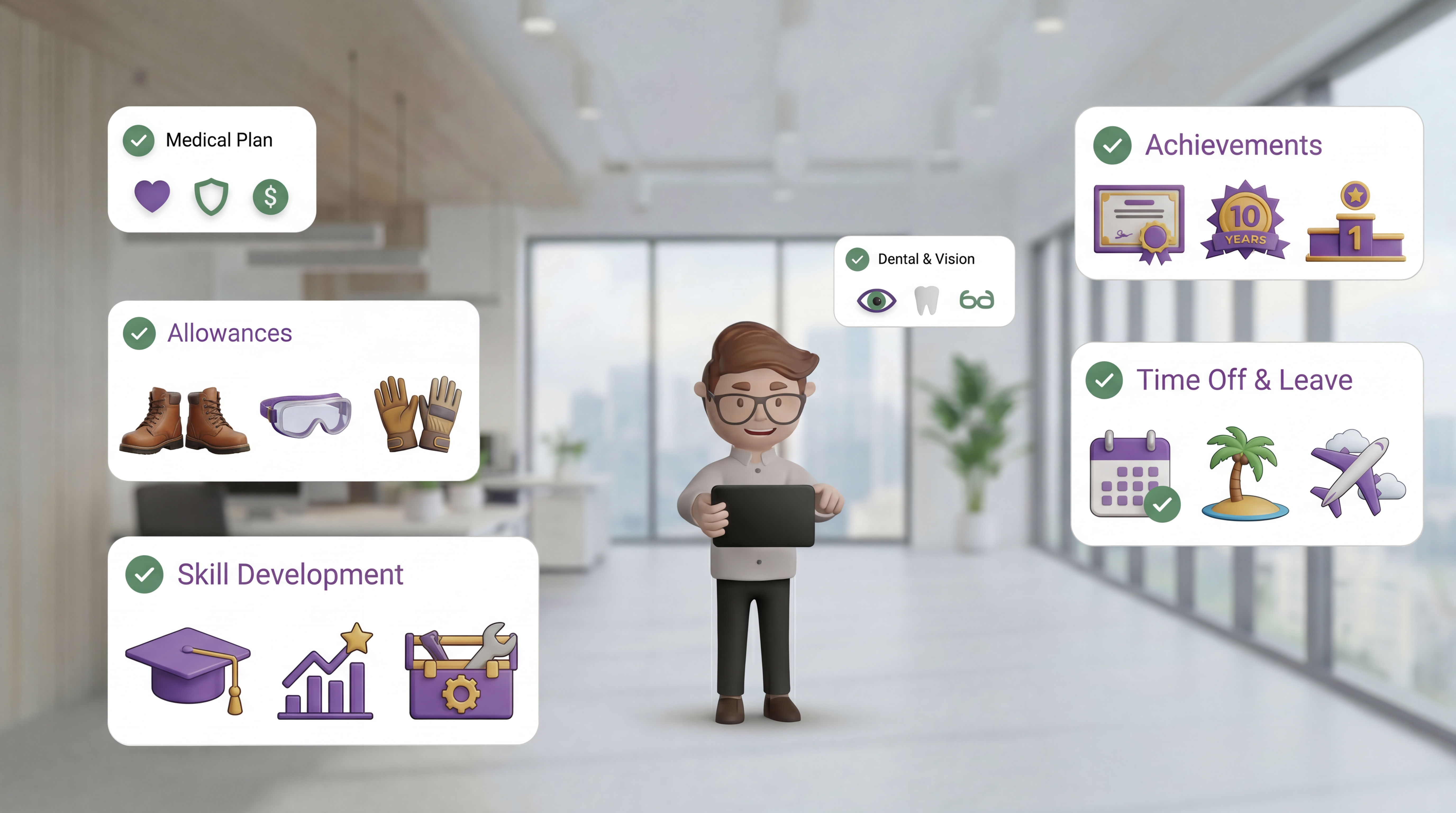 Illustrated NuvioLife member surrounded by wallet cards across categories — gym, dental, therapy, eyewear, daycare.