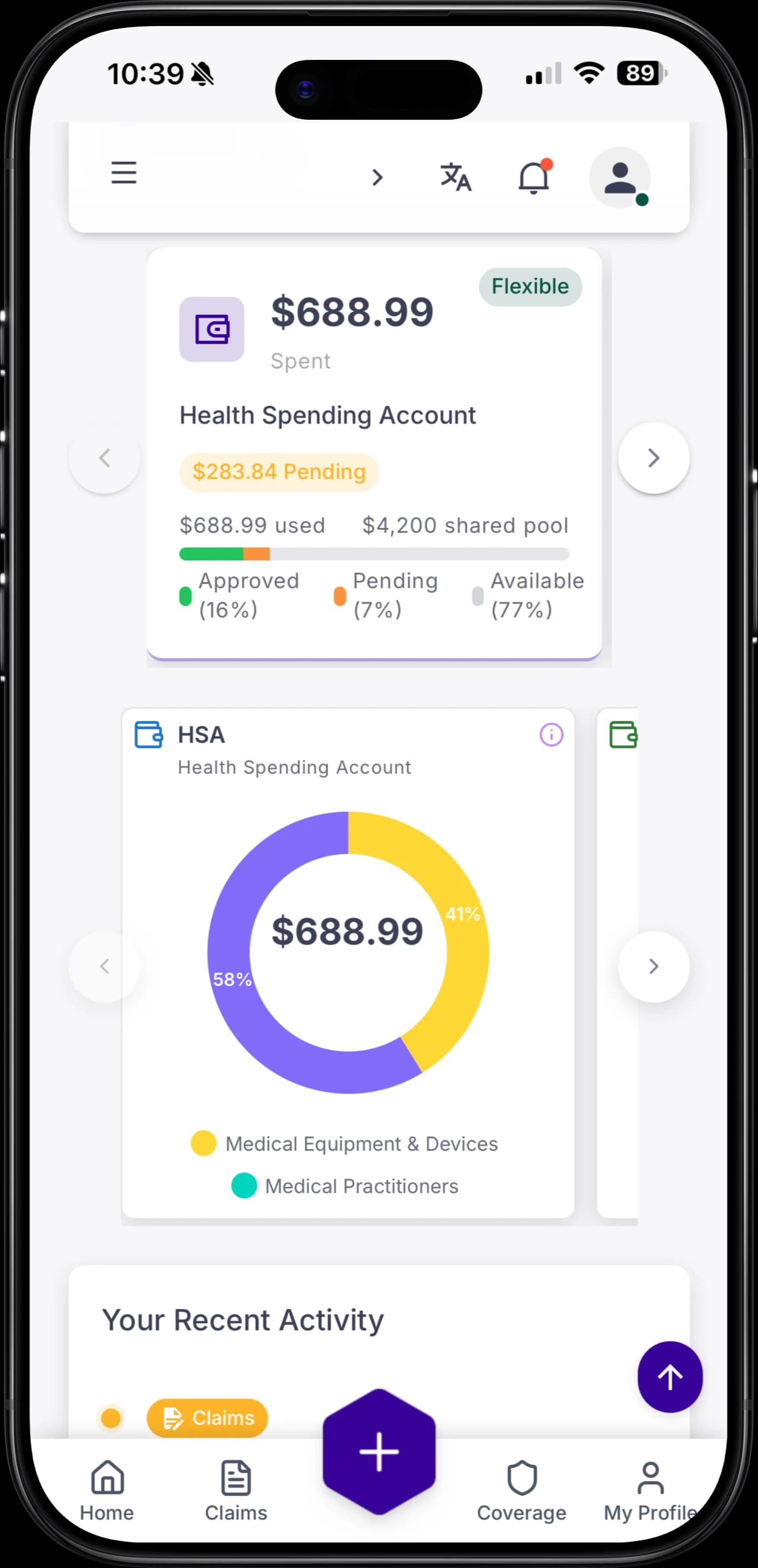 Aplicación para empleados de NuvioLife en iPhone que muestra el panel de la HSA con el saldo actual, el gráfico de categorías y la actividad reciente de reclamaciones.