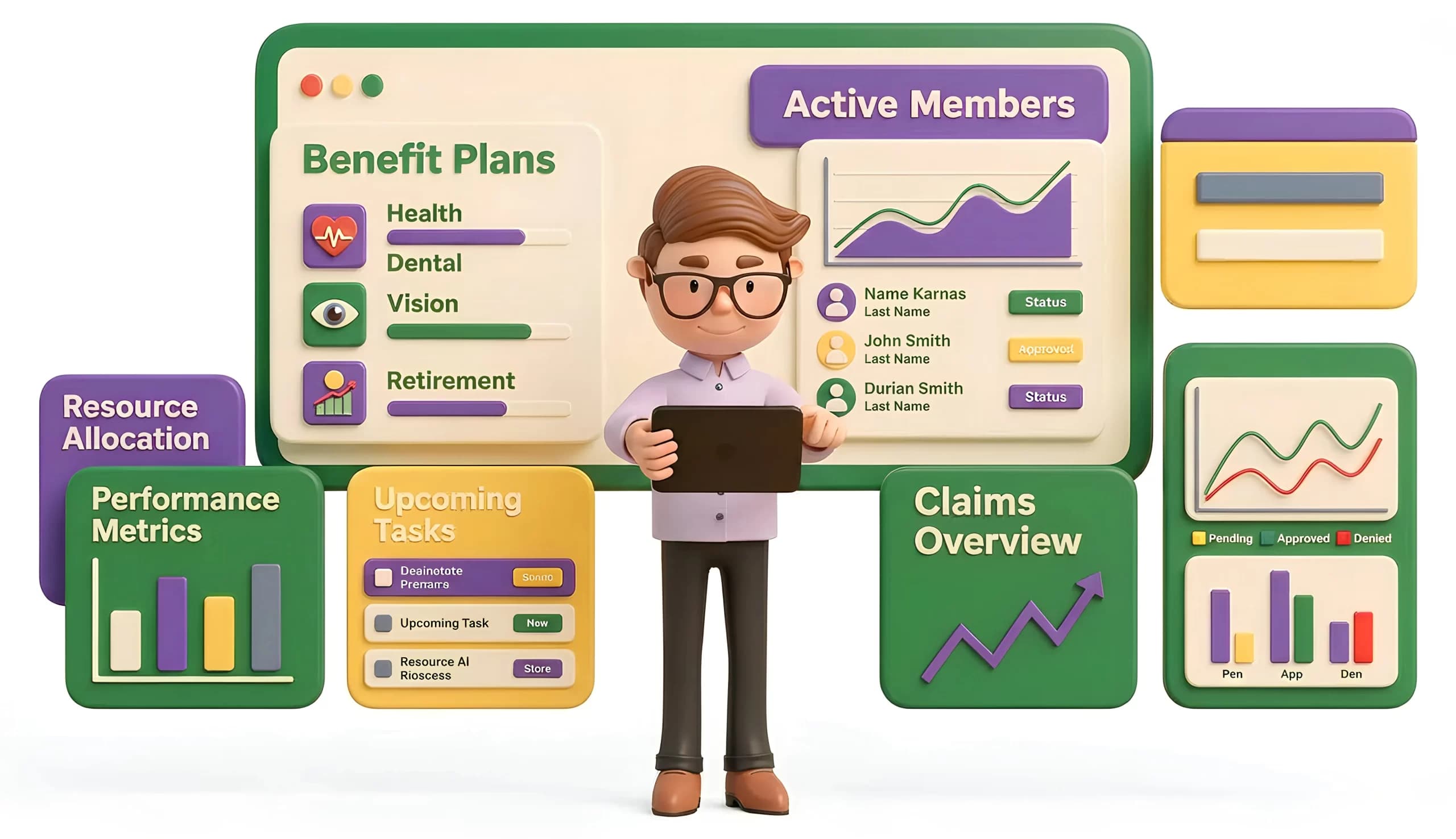 Dashboard de empleadores de NuvioLife con reclamaciones en vivo, saldos de billetera y desgloses de cobertura por equipo.