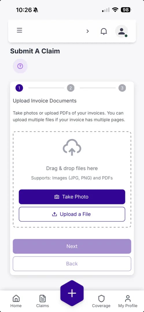 NuvioLife iPhone app showing the Submit A Claim step one, with Take Photo and Upload a File buttons for uploading invoice documents.