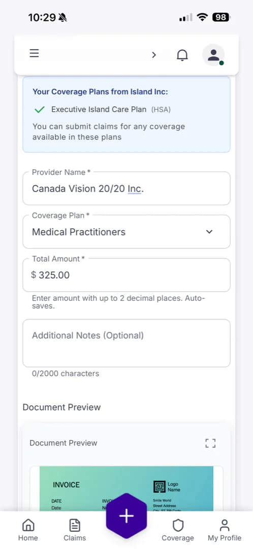 NuvioLife iPhone claim-details screen showing provider Canada Vision 20/20 Inc., coverage plan Medical Practitioners, and a $325 total, with a preview of the invoice document.