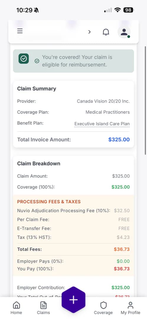 NuvioLife iPhone claim recap confirming eligibility, with a $325 invoice, the Executive Island Care Plan benefit, and a full breakdown showing employer contribution and reimbursement amount.
